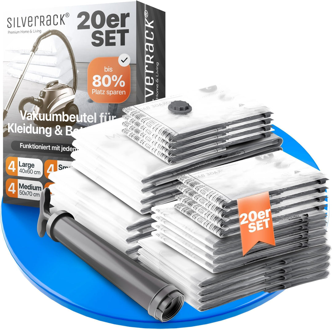 SilverRack XL Jumbo Vakuumbeutel für Kleidung, Reise u. Bettdecken [20 Stück] - INKL HANDPUMPE u. ET