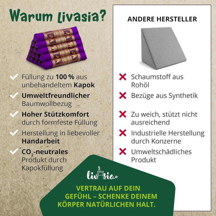 livasia Rückenstützkissen extrahoch mit Thaiseide - 38x55x35cm - Dreieckskissen für Garten/Balkon, K