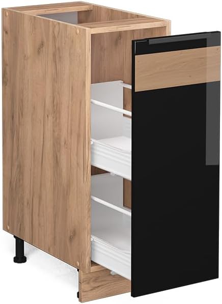 Vicco Apothekerschrank Fame-Line, Schwarz-Eiche Hochglanz/Goldkraft Eiche, 30 cm ohne Arbeitsplatte