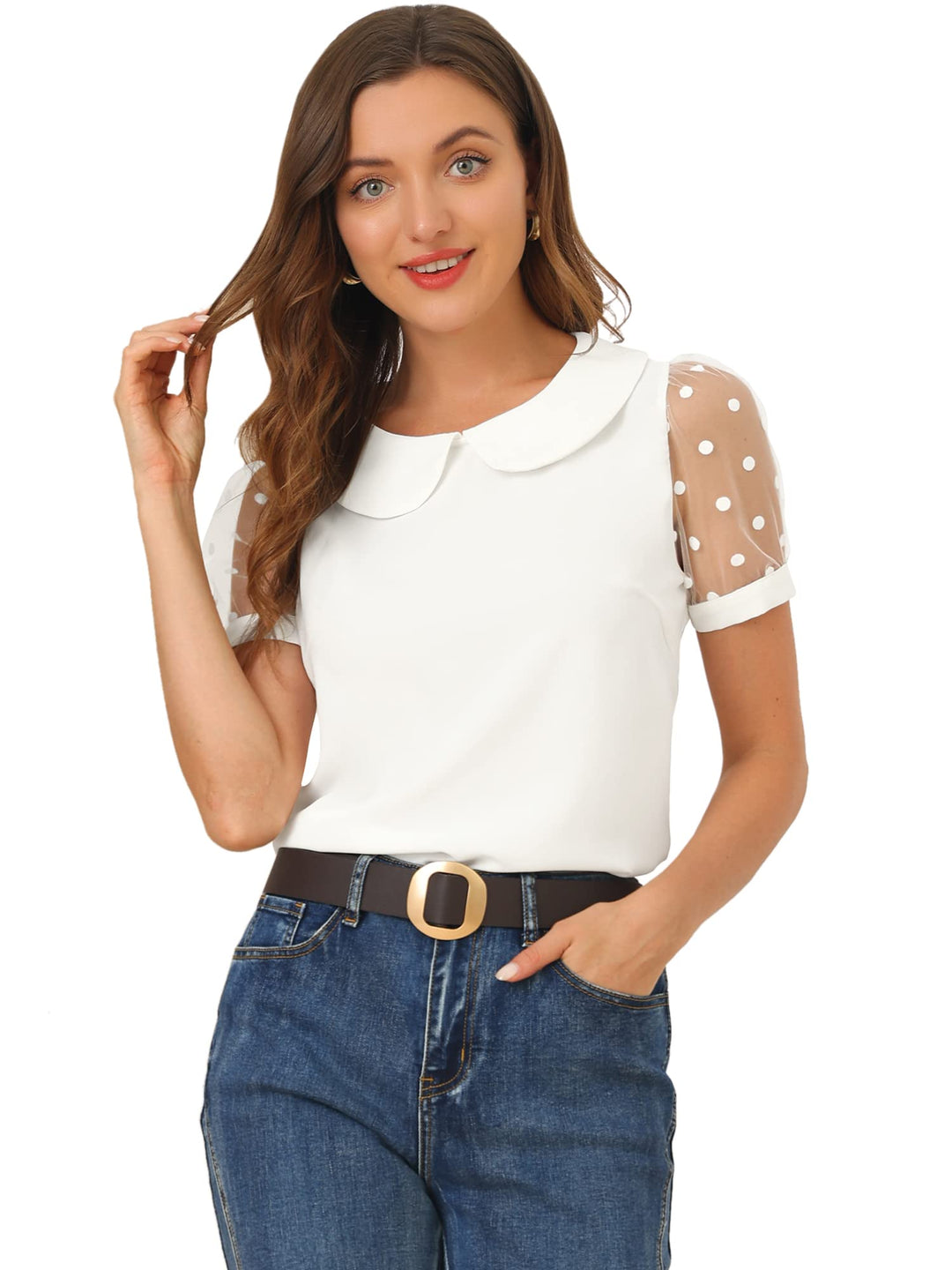Allegra K Damen Puffärmel Vintage Bubikragen Oberteil Mesh Polka Punkte Top Bluse M Reisweiss, M Rei