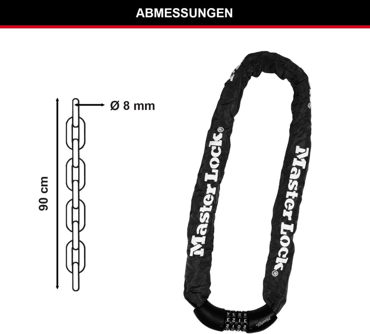 MASTER LOCK Fahrradschloss Stahlkettenglied [mit Zahlen] [90 cm Kette] 8392EURDPRO - Ideal für Fahrr