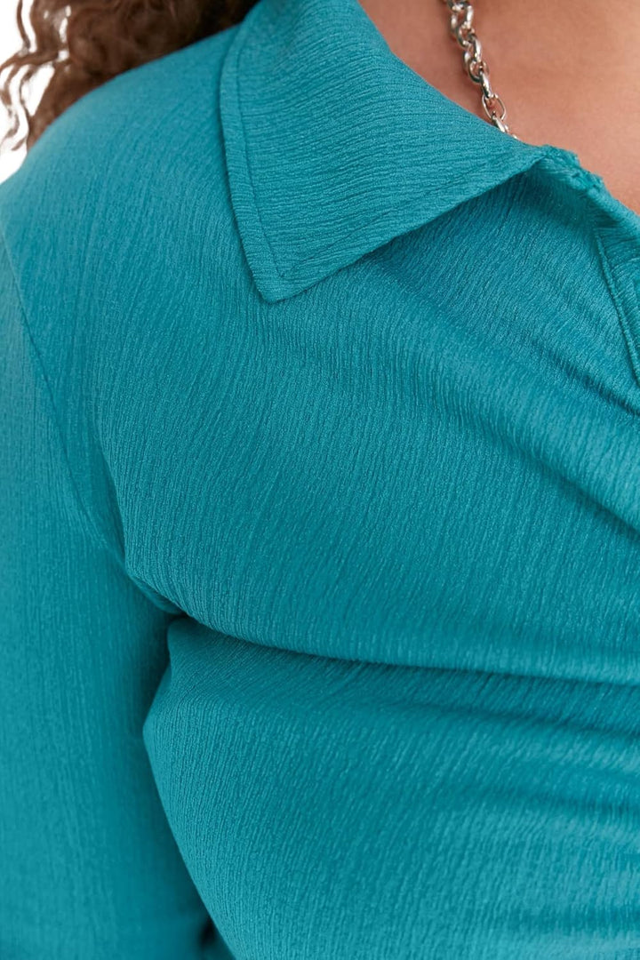 TRENDYOL Frau Grosse Grössen Relaxed Fit Basic Polokragen Gestrickt Plus-Size-Bluse XXL Blaugrün, XX