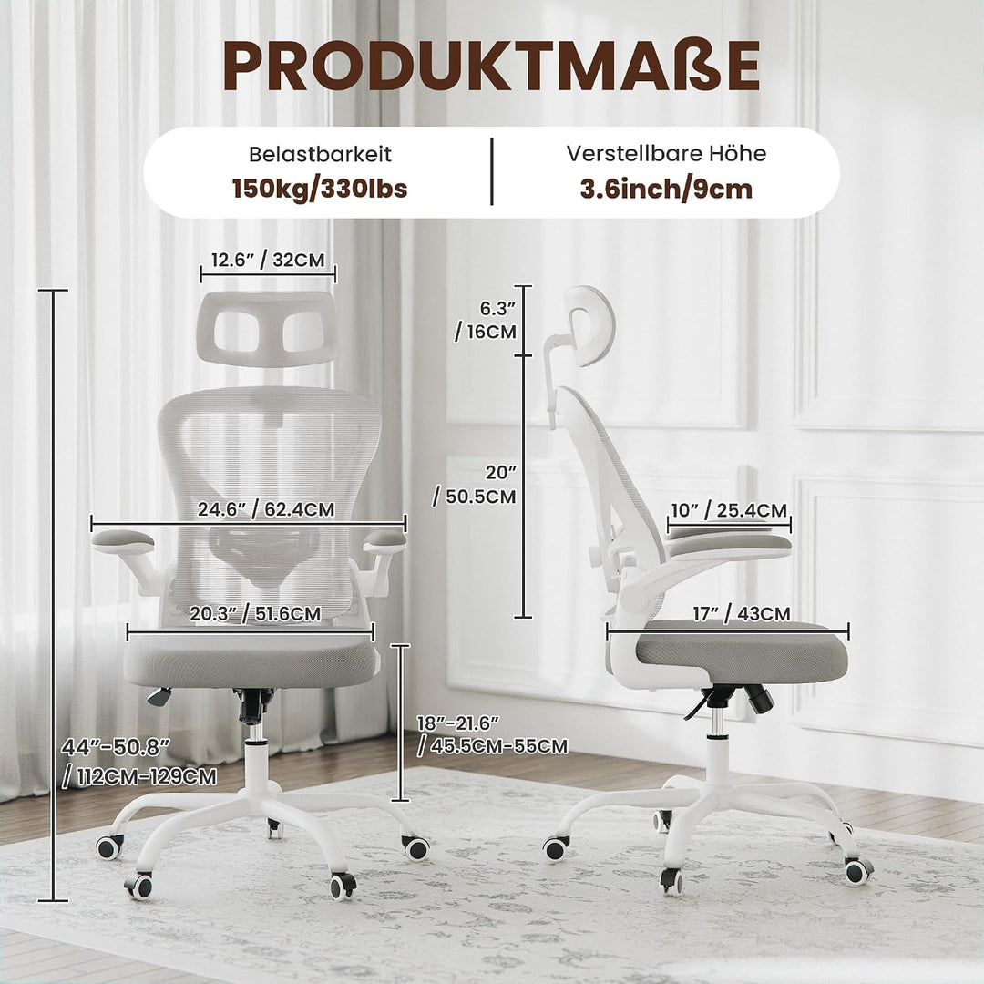 ALAULM Ergonomischer Bürostuhl mit Verstellbarer Lendenwirbelstütze und um 90° hochklappbaren Armleh