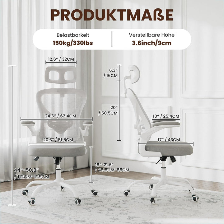 ALAULM Ergonomischer Bürostuhl mit Verstellbarer Lendenwirbelstütze und um 90° hochklappbaren Armleh