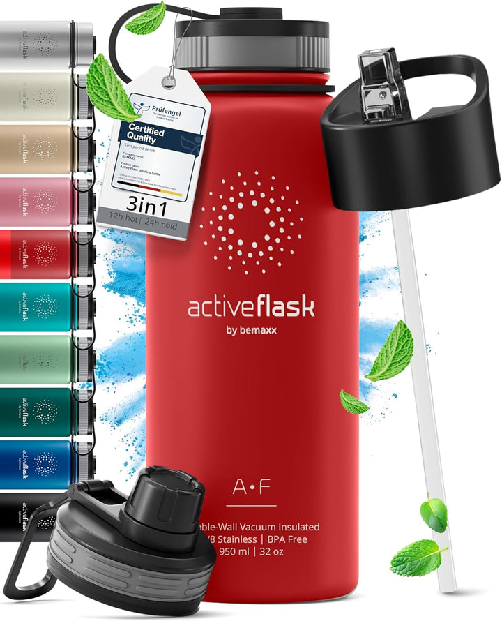 Trinkflasche Edelstahl ACTIVE FLASK + Strohhalm (3 Deckel) BPA-frei, Auslaufsicher, Kohlensäure geei
