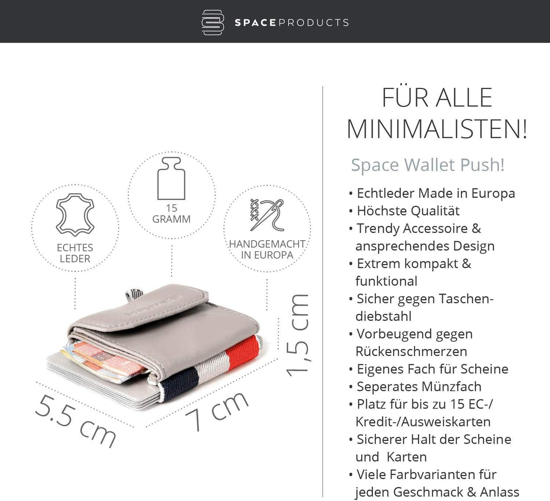 Space Products ® Mini Geldbörse grau-gestreift I Sehr kleines Echtleder Wallet/Portemonnaie mit Münz