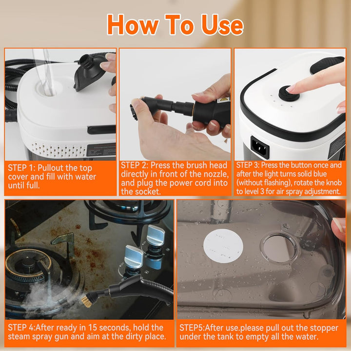 Dampfreiniger Handgerät 2500W 3Bar Handdampfreiniger 1400ML Wassertank 15s Aufheizzeit 3 Gang 6 Bürs