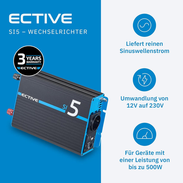 ECTIVE Reiner Sinsus Wechselrichter SI5-500W, 12V auf 230V, USB, Überlastschutz, Überhitzungsschutz,