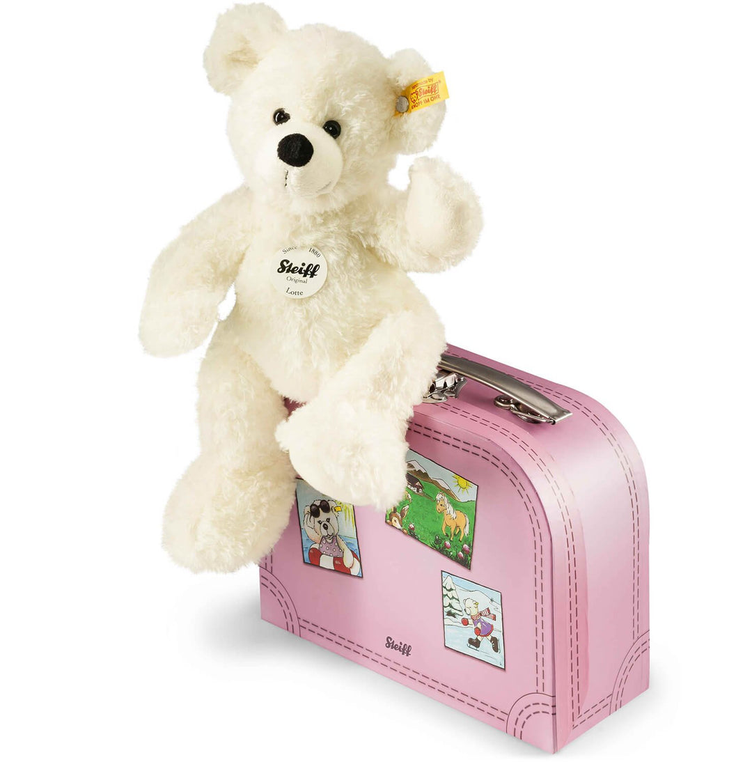 Steiff 111563 Lotte Teddybär im Koffer Plüschtier, Mehrfarbig, 28 cm Weiss/Rosa Single, Weiss/Rosa S