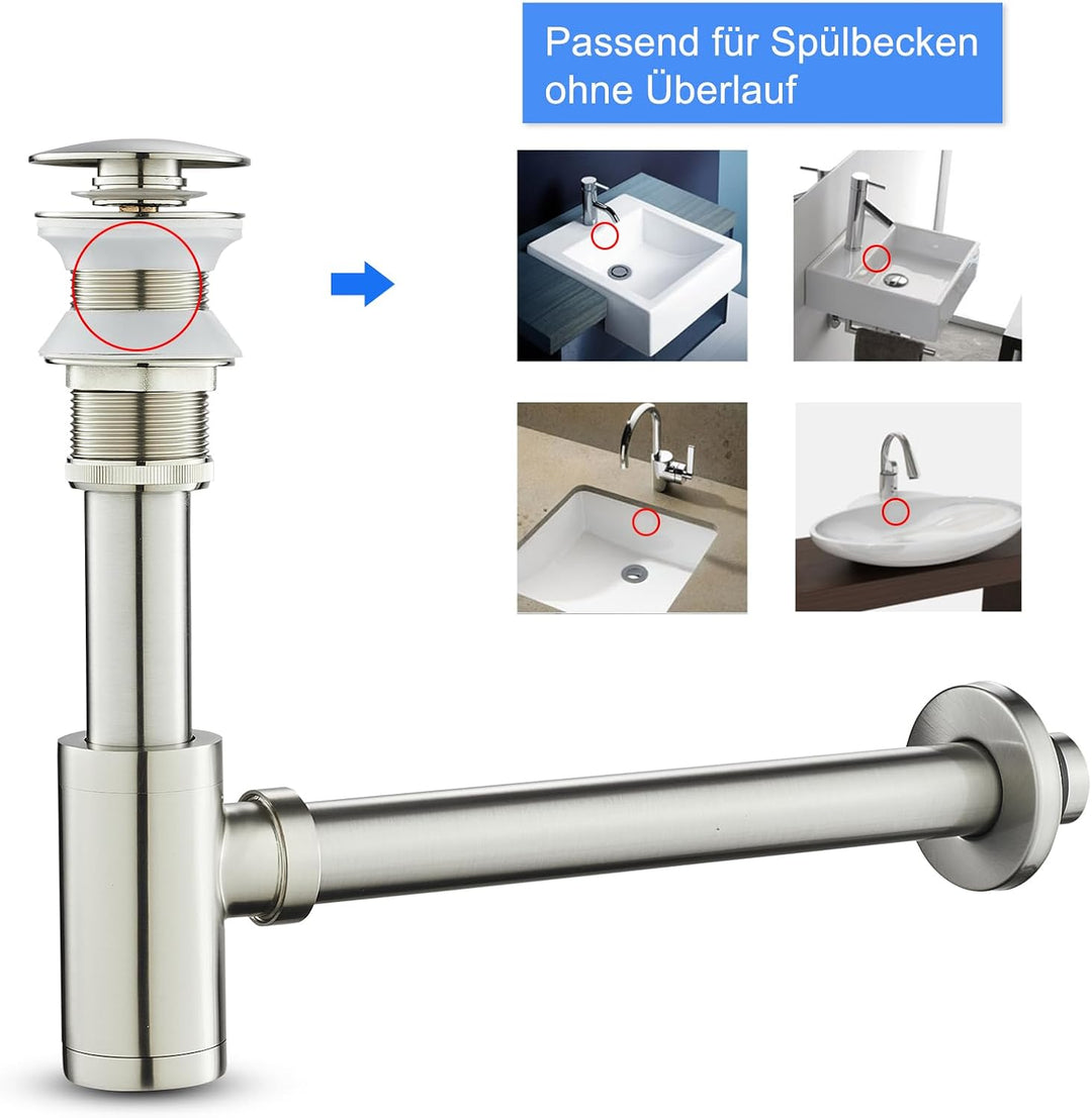 Edelstahl 1 1/4" x 32 mm Siphon Set für Waschbecken, Syphon Pop up Ablaufgarnitur ohne Überlauf Stöp