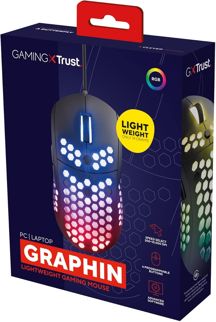 Trust Gaming GXT 960 Graphin Leichte RGB Gaming Maus, 74 g, 200-10.000 DPI, Einstellbare Pollrate bi