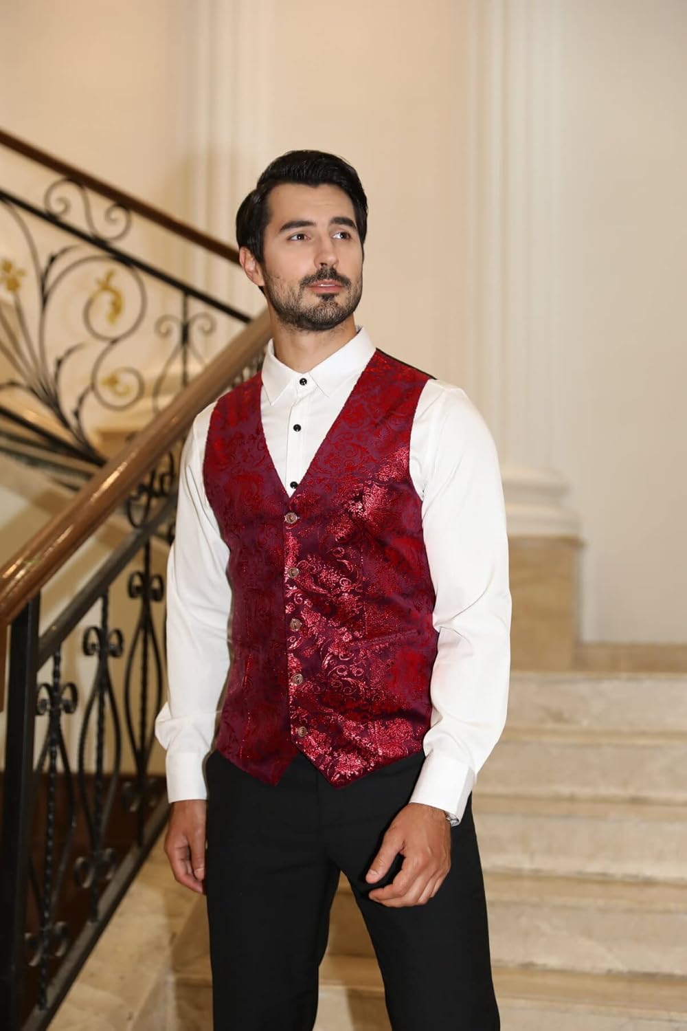 Allthemen Weste Herren Westen Gilet Jacquard Anzugweste für Hochzeit und Party M Rot1, M Rot1