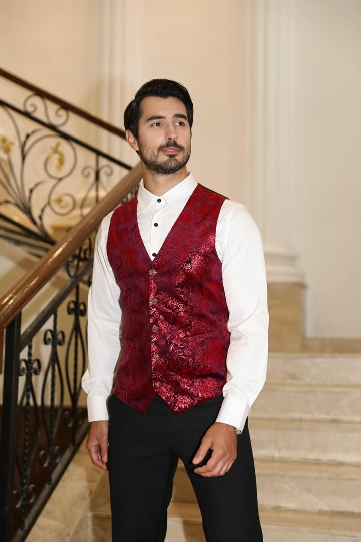 Allthemen Weste Herren Westen Gilet Jacquard Anzugweste für Hochzeit und Party M Rot1, M Rot1
