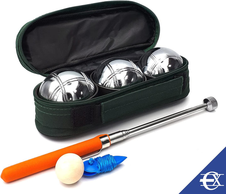EUROXANTY Boules | 3 Bocciakugeln aus chromiertem Stahl | Pétanque-Set mit Etui und Kugelaufsammler