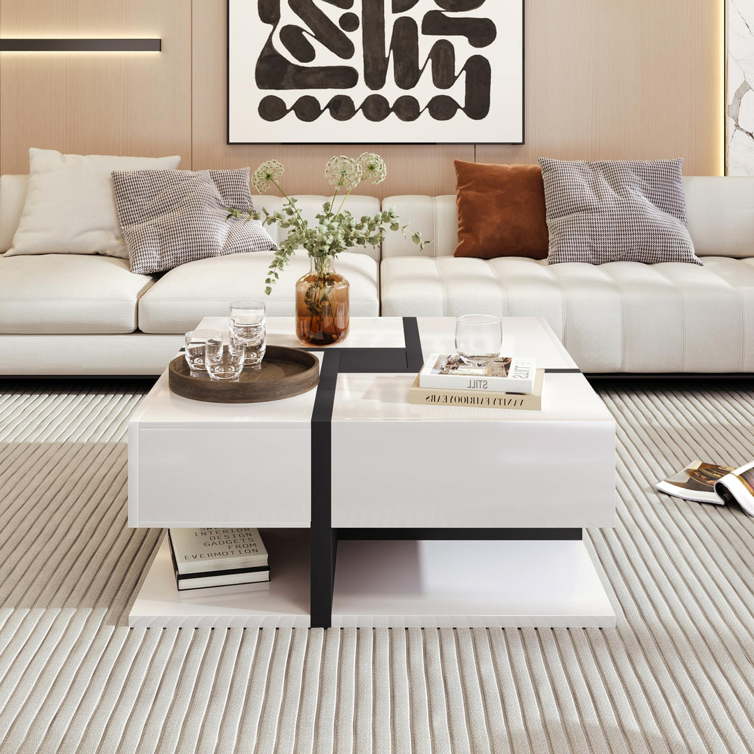 Merax Couchtisch Wohnzimmertisch mit 4 Schubladen Hochglanz, Modern Beistelltisch Kaffeetisch mit Zw