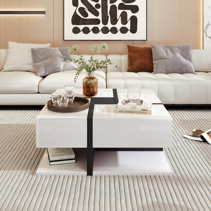Merax Couchtisch Wohnzimmertisch mit 4 Schubladen Hochglanz, Modern Beistelltisch Kaffeetisch mit Zw