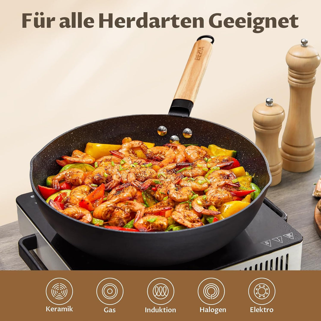 BEZIA Induktions Wok Pfanne mit Deckel, Antihaft-Wokpfanne 30 cm, Wok zum Braten mit Holzgriff, flac