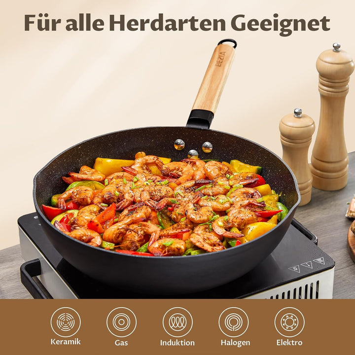 BEZIA Induktions Wok Pfanne mit Deckel, Antihaft-Wokpfanne 30 cm, Wok zum Braten mit Holzgriff, flac