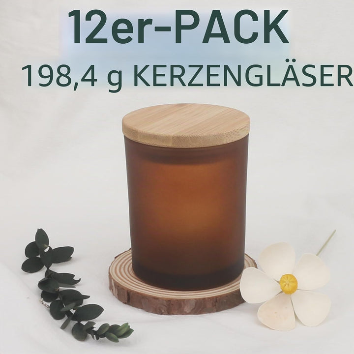 MILIVIXAY 12 Stück 200 ml mattiertes bernsteinfarbenes dickes Glas Kerzengläser mit Deckel – leere K