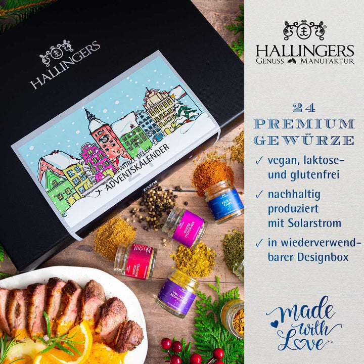 Hallingers Nostalgische Altstadt - Gewürz Adventskalender handmade, 24 Gewürze aus aller Welt (Set)