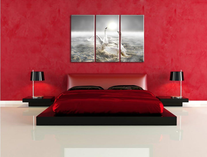 Pixxprint Schwäne im Meer als Leinwandbild/Grösse: 3 Teilig (120x80) cm/Wandbild/Kunstdruck/fertig b