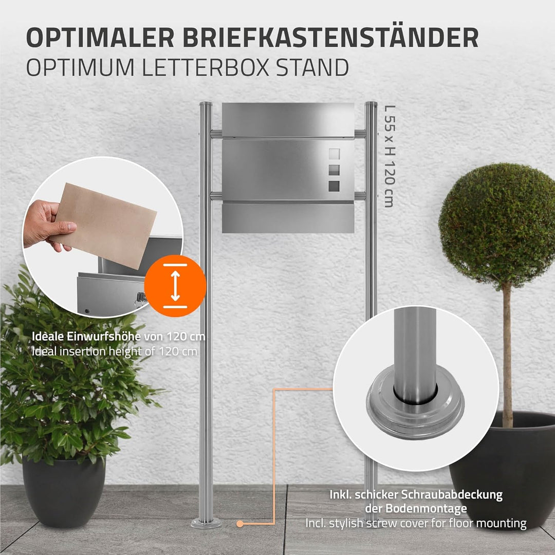 ML-Design Briefkastenständer aus Edelstahl, Silber metallic, Gesamthöhe 120 cm, Rund, Freistehend, B