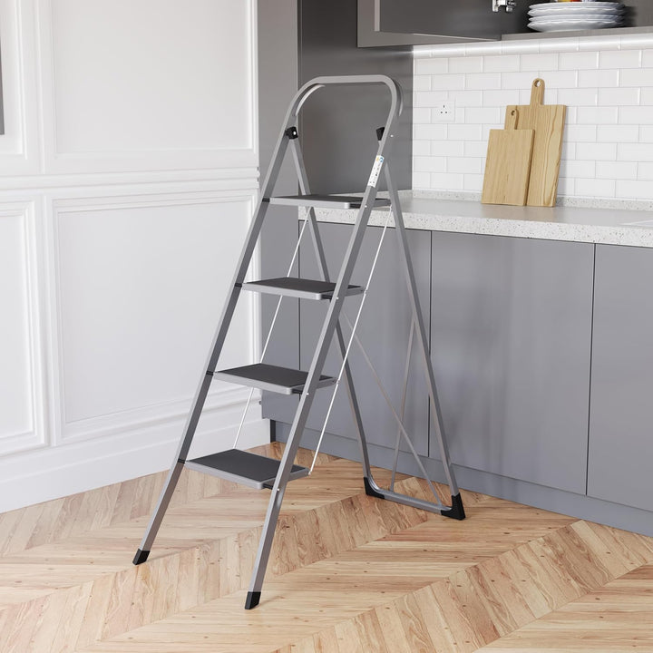 Home Vida 4-stufige Leiter – robuste Stahl-Klappleiter mit rutschfesten und breiten Stufen, Klappmec