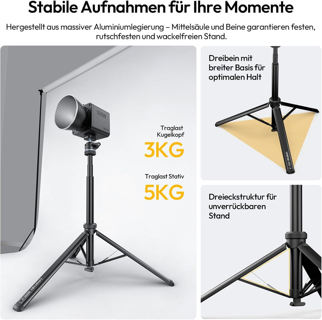ULANZI MT93 Universelles 1/4'' Kamera Stativ Lichtstativ [Automatisch Ausklappend] 160cm Alu, Uka Sc