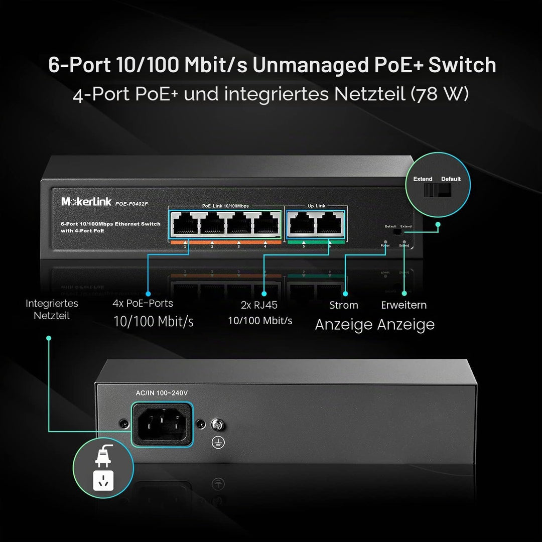MokerLink 4 Port PoE Switch mit 2 Uplink Ethernet-Ports, 78W High Power, Unterstützung IEEE802.3af/a