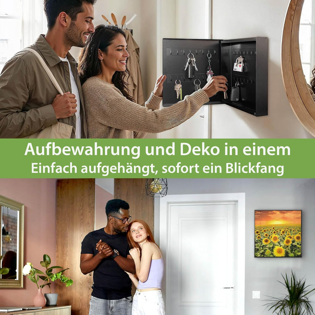 banjado® Grosser Schlüsselkasten Glas/Schlüsselbox 30cm x 30cm mit 50 Haken - Motiv Sonnenblumenmeer