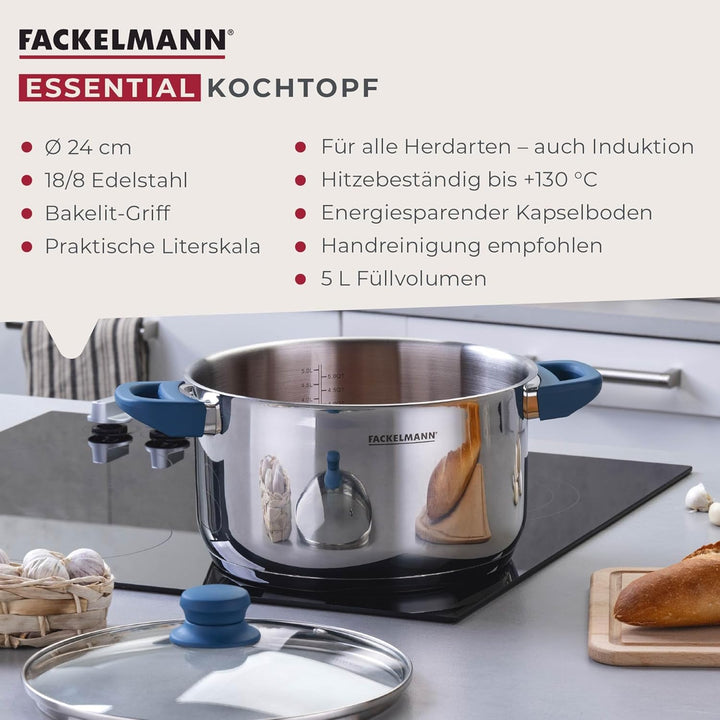 Fackelmann Kochtopf Essential Ø 24 cm aus Edelstahl – Modernes Design, ergonomische Softtouch-Griffe