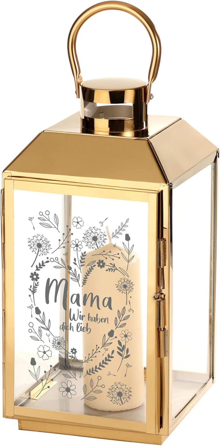 Casa Vivente Laterne aus goldfarbenen Edelstahl mit Gravur für Mama, Ich Habe Dich lieb, Deko-Windli