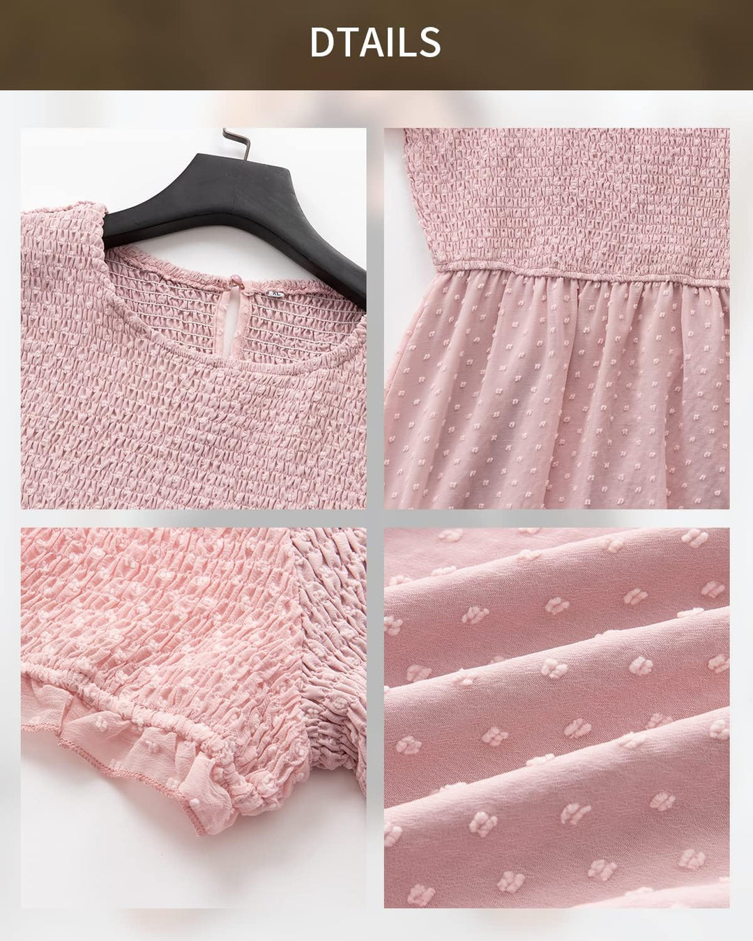 BebreezChic Damen Sommerkleid Rundhals Kurzarm Puffärmel Gerüschter Gerafftes Freizeitkleid mit Hohe