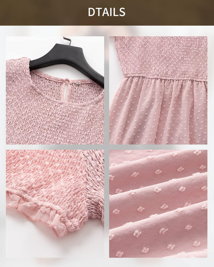 BebreezChic Damen Sommerkleid Rundhals Kurzarm Puffärmel Gerüschter Gerafftes Freizeitkleid mit Hohe