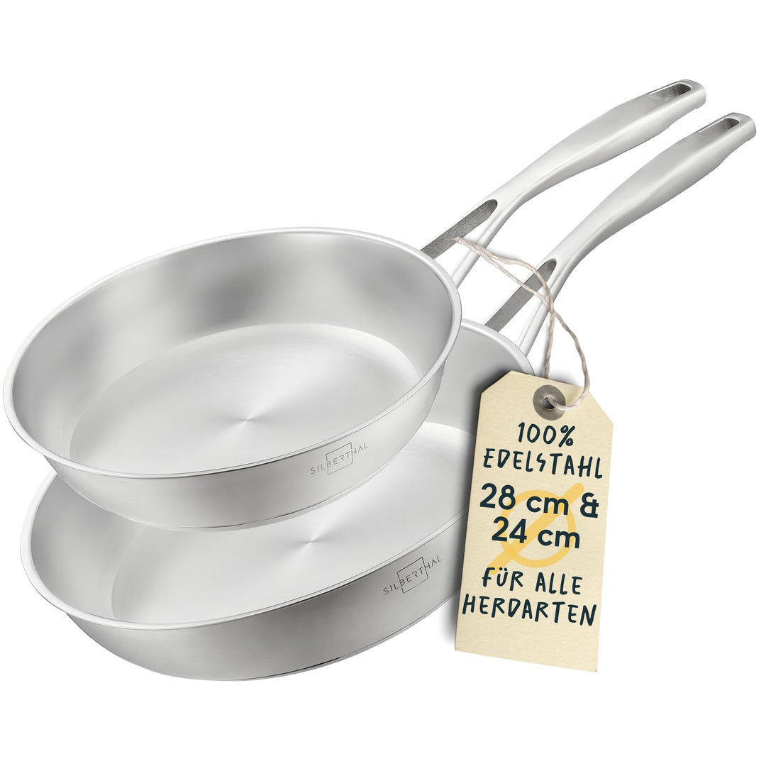 SILBERTHAL Pfannen Set 2 teilig - Edelstahlpfanne Unbeschichtet &amp; Beschichtet - 24 cm und 28 cm - In