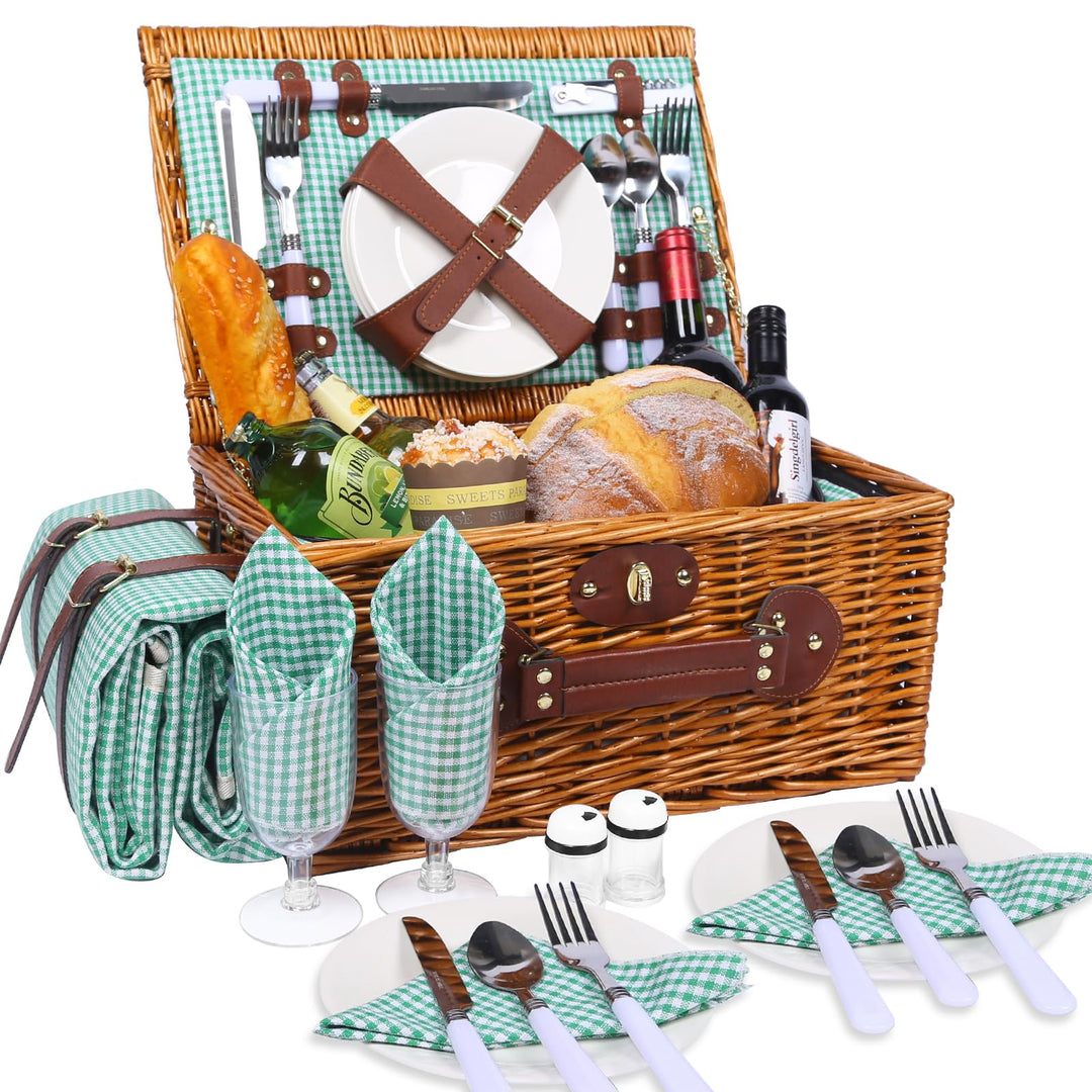 Picknickkorb Set für 4 Person mit Kühlfach und wasserdichte Picknickdecke, Abnehmbarer Riemen, Beste