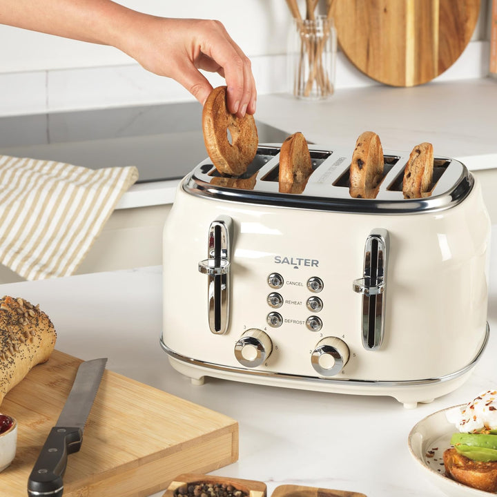 Salter Retro Toaster 4 Scheiben – Breite Schlitze, 6 Bräunungsgrad, Auftauen, Aufwärmen, Abbrechen F