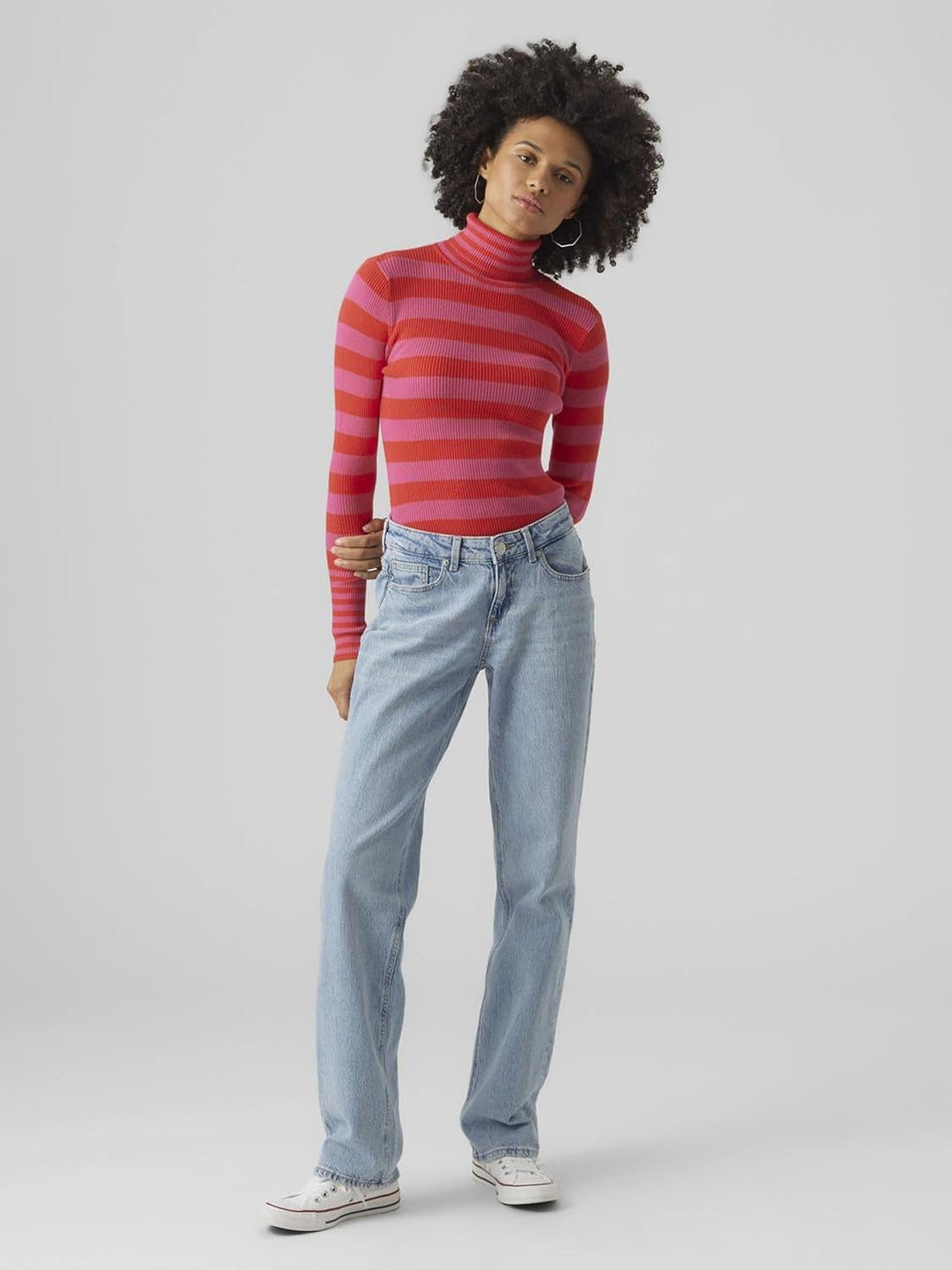 VERO MODA Damen Vmmaxine Ls Rollneck Boo Pullover L Tomato/Stripes:w. Fuchsia Purple, L Tomato/Strip