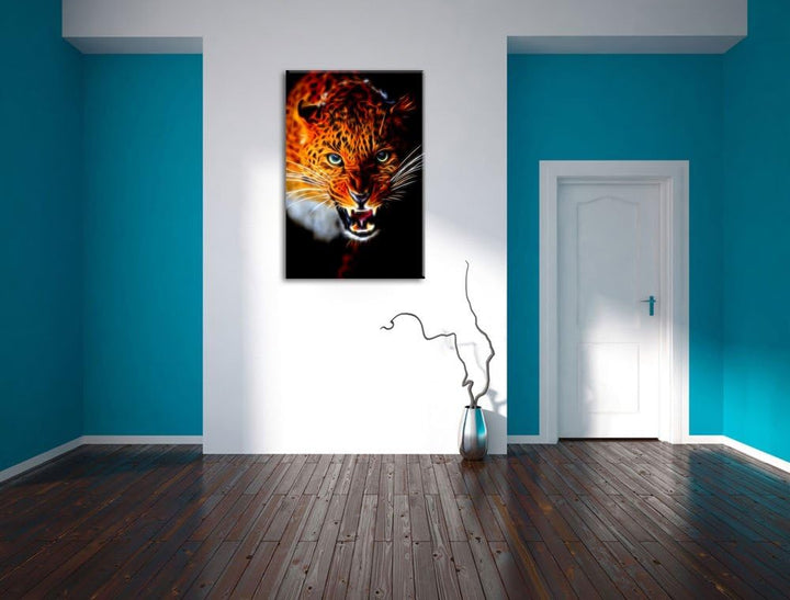 Dark Fauchender Leopard Deluxe Format: 100x70 cm auf Leinwand, XXL riesige Bilder fertig gerahmt mit