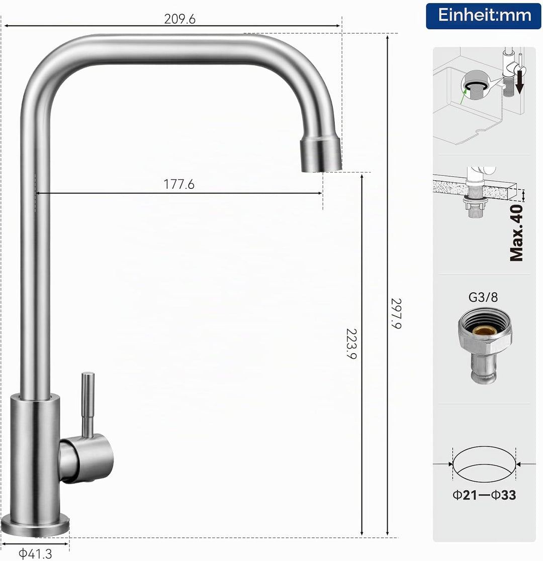 CECIPA Kaltwasserhahn aus Edelstahl, 360° drehbarer Wasserhahn nur Kaltwasser, Robuste Kaltwasser Ar