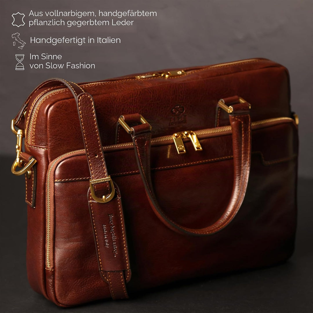Time Resistance Aktentasche Leder Laptoptasche mit Schultergurt - Handgefertigt in Italien - Arbeits