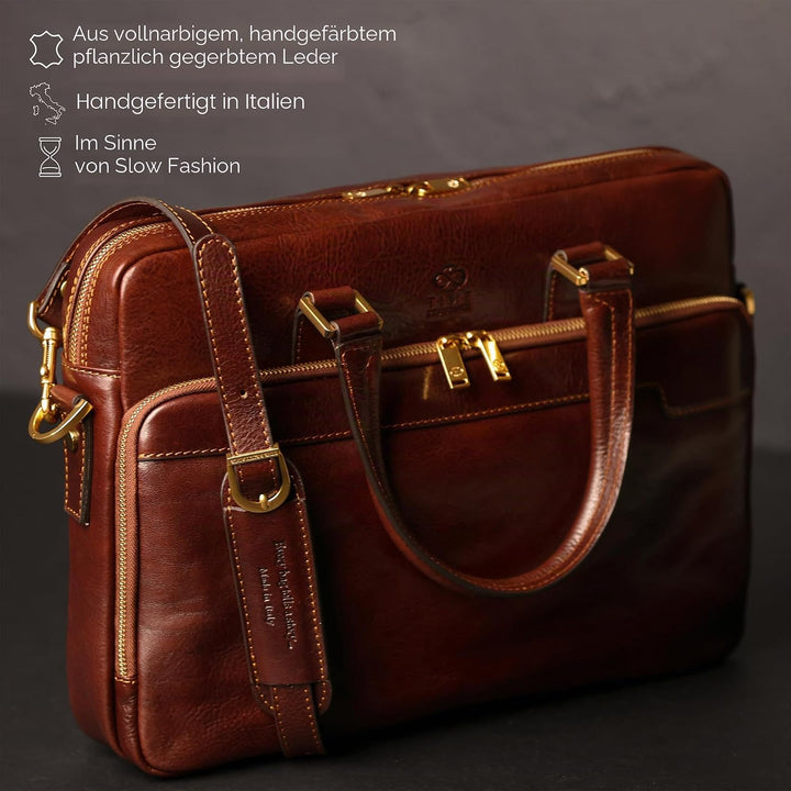 Time Resistance Aktentasche Leder Laptoptasche mit Schultergurt - Handgefertigt in Italien - Arbeits