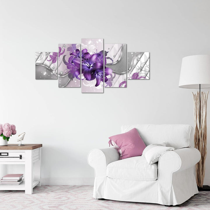 Runa Art Wandbilder Blumen Lilien 5 Teilig Bild auf Vlies Leinwand Deko Wohnzimmer Abstrakt Violett