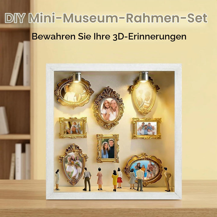 DIY Mini Museum Bilderrahmen mit LED Licht, Silhouettenbox Set mit 8 Mini Goldrahmen &amp; Figuren, 3D E