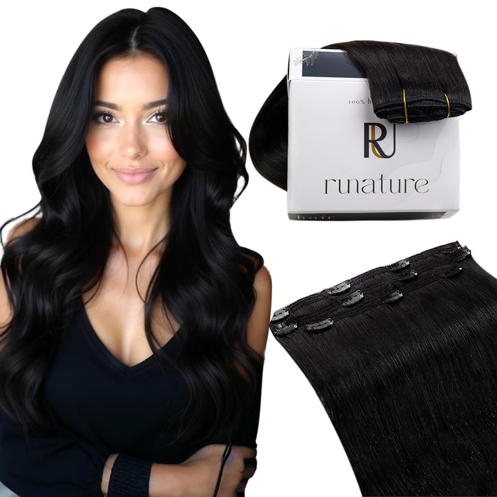 RUNATURE Echthaar Extensions Clip in Naturliches Schwarz 30cm Gerade Extensions Clip in Echthaar Rem