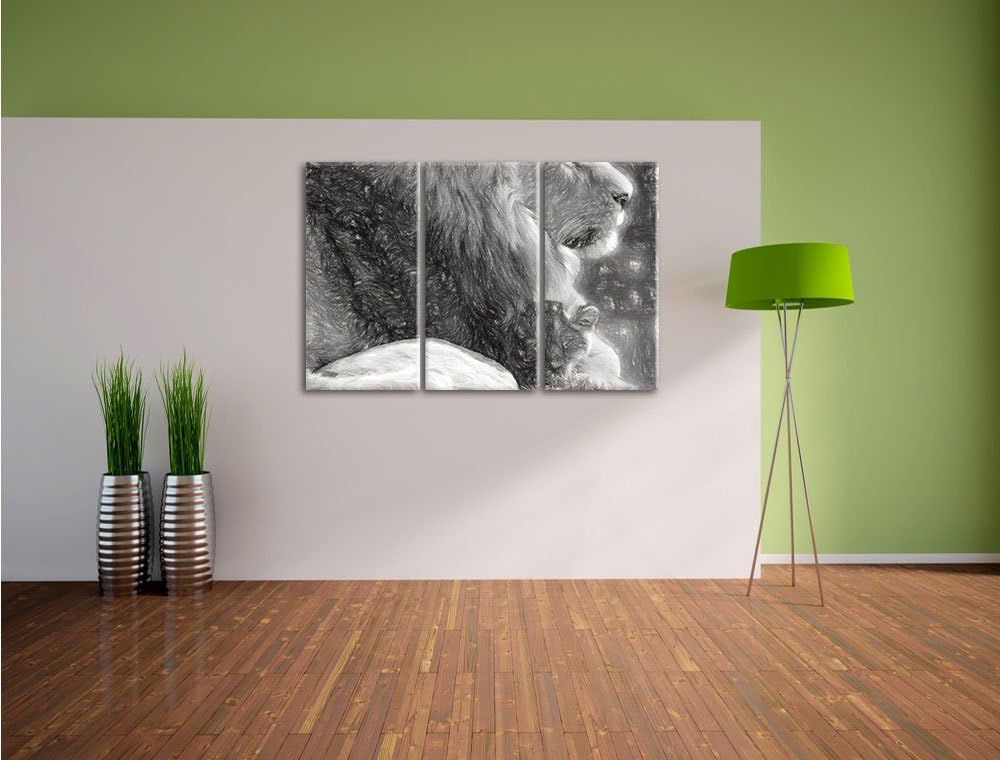 Pixxprint Löwe mit Löwenbaby als Leinwandbild/Grösse: 3 Teilig (120x80) cm/Wandbild/Kunstdruck/ferti