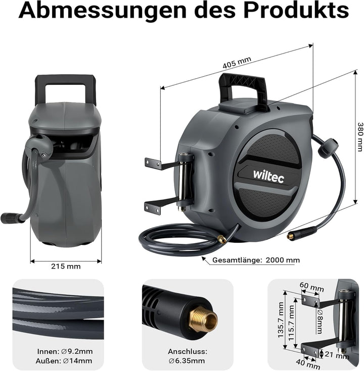 Wiltec Druckluft Schlauchtrommel 20 m, automatische Druckluftschlauchtrommel PP, 17 bar Drucklufttro