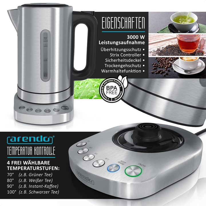 Arendo - Wasserkocher mit Toaster Set - 1,7L Kocher mit 4 Temperaturstufen 1000W Langschlitztoaster