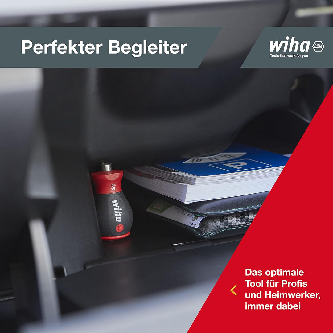 Wiha Schraubendreher Stubby mit Bit Magazin magnetisch (33736) I Schlitz, Kreuz I mit 6 Bits, 1/4" S