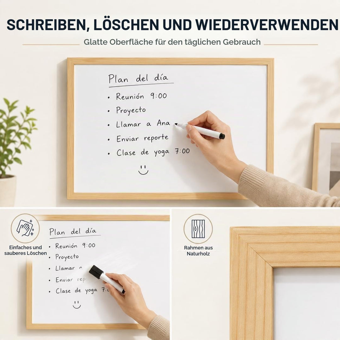 60x90cm Whiteboard mit Holzrahmen, Kreidetafel Löschbar, Weiss Tafel Schwarzer Marker 60x90cm Weiss,